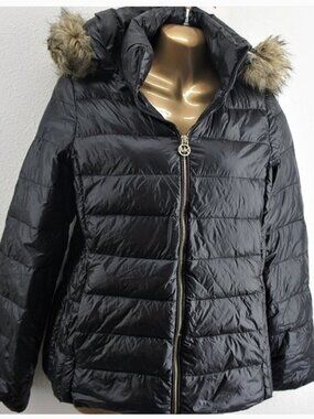 Michael Kors Black Fur Trim Hood Packable Down Jacket size S  NWOT